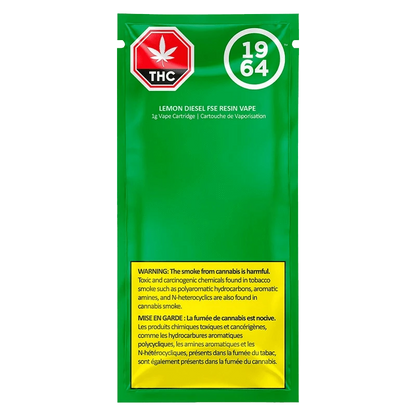 NY Lemon Diesel FSE Resin Vape Cartridge shown with a warning about toxins and the number 64 on a yellow background.