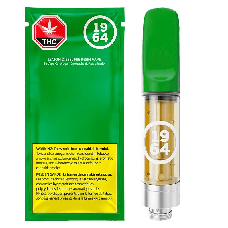 NY Lemon Diesel FSE Resin Vape Cartridge with a black and yellow label, angled against a dark background.