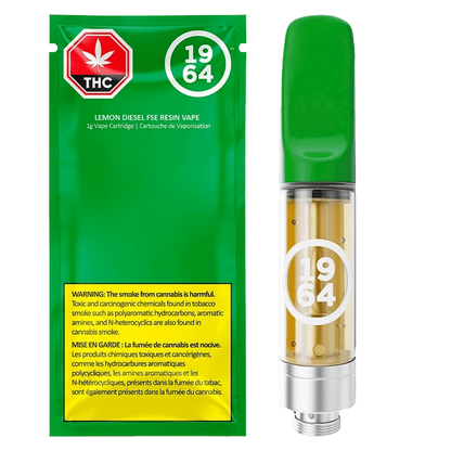 NY Lemon Diesel FSE Resin Vape Cartridge with a black and yellow label, angled against a dark background.