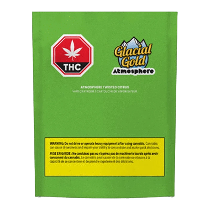 Front view of the Atmosphere Twisted Citrus Vape Cartridge with a green label and gold lettering against a black background.