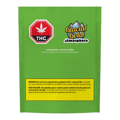 Front view of the Atmosphere Twisted Citrus Vape Cartridge with a green label and gold lettering against a black background.