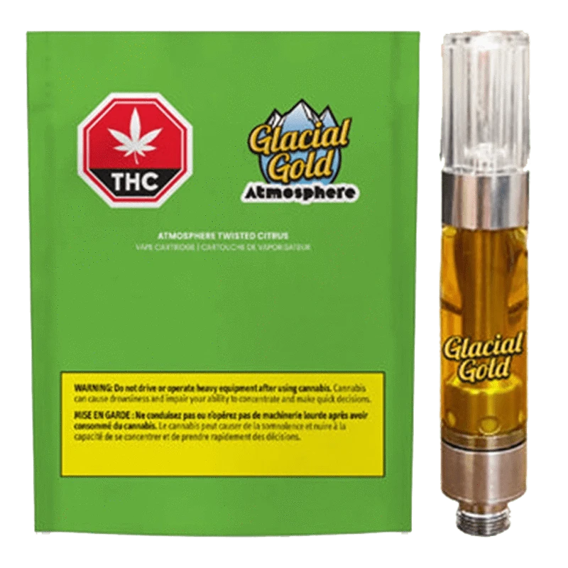 Close-up of the Atmosphere Twisted Citrus Vape Cartridge with gold lettering on a silver metallic body, angled against a dark background.