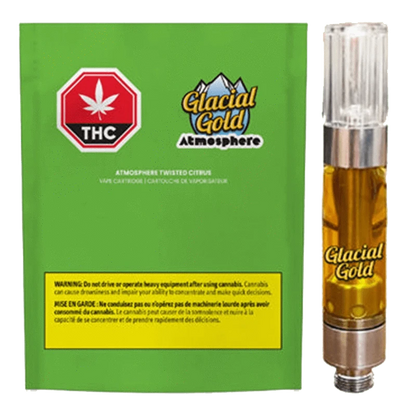 Close-up of the Atmosphere Twisted Citrus Vape Cartridge with gold lettering on a silver metallic body, angled against a dark background.