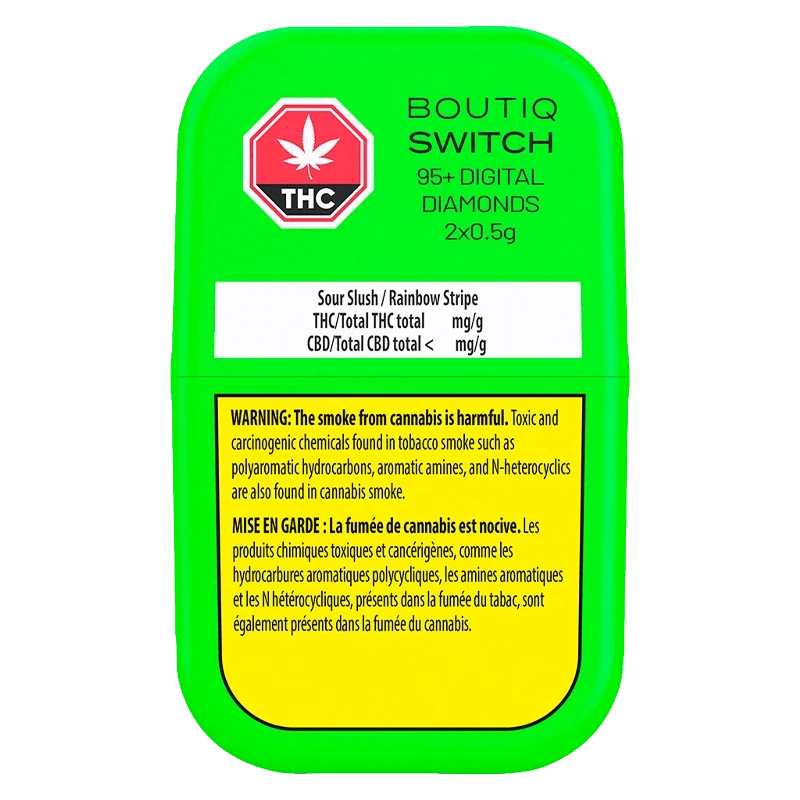 Close-up of the Switch 95+ Digital Diamonds Sour Slush / Rainbow Belts AIO Disposable Vape packaging with a warning about THC content.