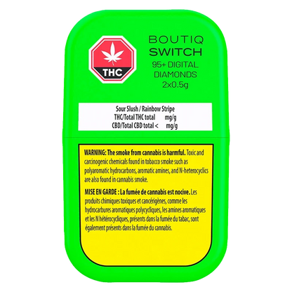 Close-up of the Switch 95+ Digital Diamonds Sour Slush / Rainbow Belts AIO Disposable Vape packaging with a warning about THC content.