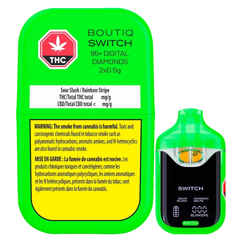 Close-up of the Switch 95+ Digital Diamonds Sour Slush / Rainbow Belts AIO Disposable Vape with vibrant colors and a metallic finish.