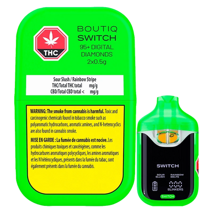 Close-up of the Switch 95+ Digital Diamonds Sour Slush / Rainbow Belts AIO Disposable Vape with vibrant colors and a metallic finish.