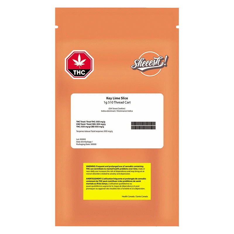 Close-up of the Key Lime Slice Vape Cartridge against a black background, highlighting its sleek design and label details.