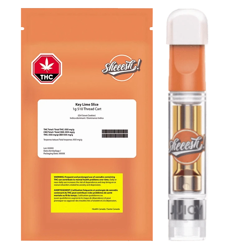 Key Lime Slice Vape Cartridge displayed at a slight angle, showcasing its branding against a dark background.