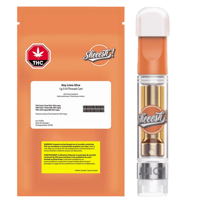 Key Lime Slice Vape Cartridge displayed at a slight angle, showcasing its branding against a dark background.