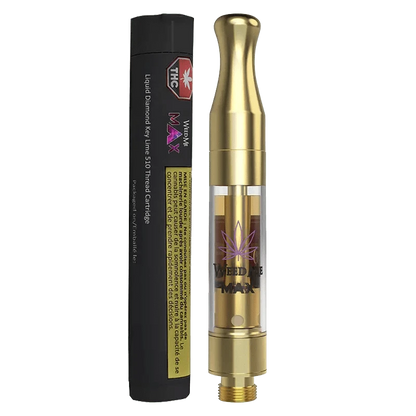 Close-up of the Liquid Diamond Key Lime Vape Cartridge with a metallic tip, angled against a dark background.