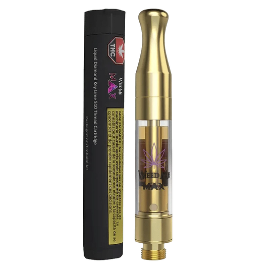 Close-up of the Liquid Diamond Key Lime Vape Cartridge with a metallic tip, angled against a dark background.