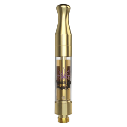 Close-up, angled view of the Liquid Diamond Key Lime Vape Cartridge with a metallic finish and visible liquid inside.