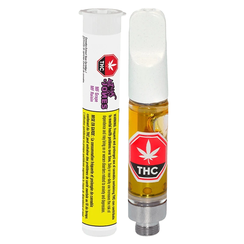 Close-up of the MF Grape Vape Cartridge with a label against a blurred black background.