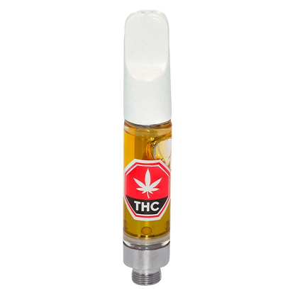 Close-up of the MF Grape Vape Cartridge with a silver tip and transparent body, angled against a plain white background.