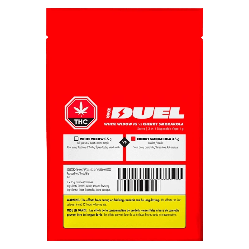 Duel White Widow FS & Cherry Smokakola THC Disposable Vape shown in a comparison shot with bold color blocking.