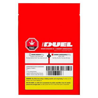 Duel White Widow FS & Cherry Smokakola THC Disposable Vape shown in a comparison shot with bold color blocking.