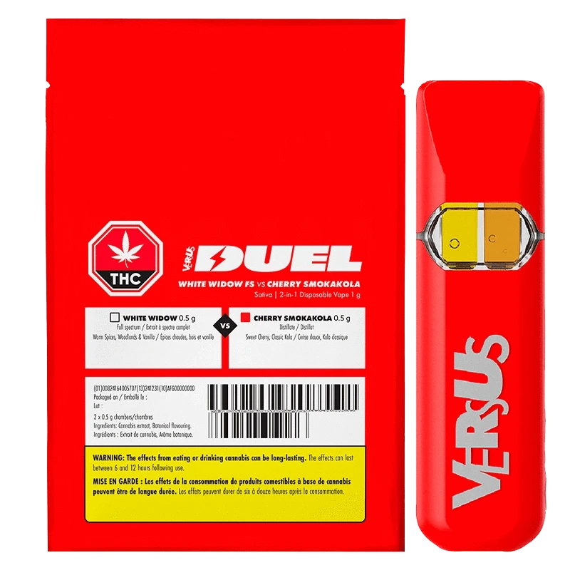 A close-up of the Duel White Widow FS & Cherry Smokakola THC Disposable Vape packaging with bold lettering and a red and black design.