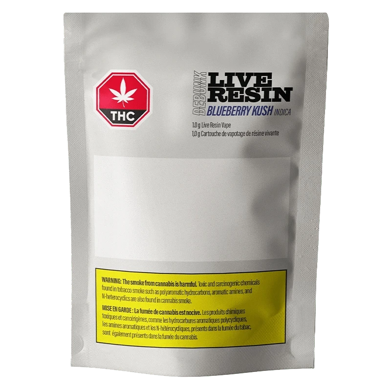 Close-up of the Blueberry Kush Live Resin Vape Cartridge against a dark background, highlighting the label’s bold text and colors.