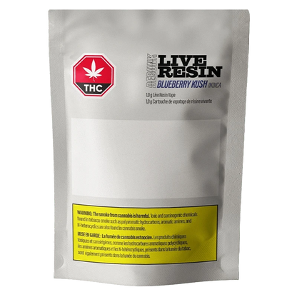 Close-up of the Blueberry Kush Live Resin Vape Cartridge against a dark background, highlighting the label’s bold text and colors.