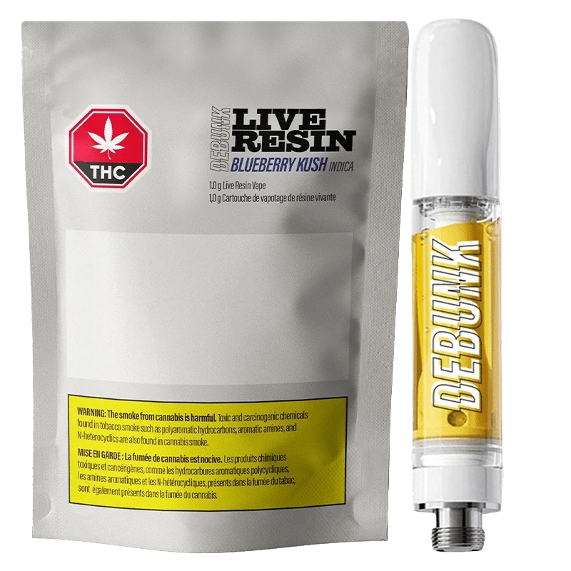 Close-up of the Blueberry Kush Live Resin Vape Cartridge with a colorful label against a dark background.