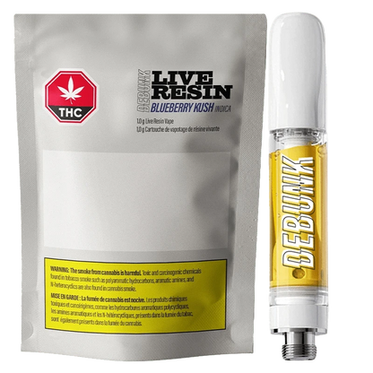 Close-up of the Blueberry Kush Live Resin Vape Cartridge with a colorful label against a dark background.