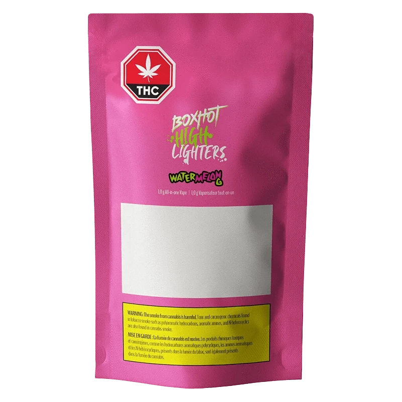 Close-up of the Highlighters - Watermelon G AIO Disposable Vape packaging with bold text on a dark background.