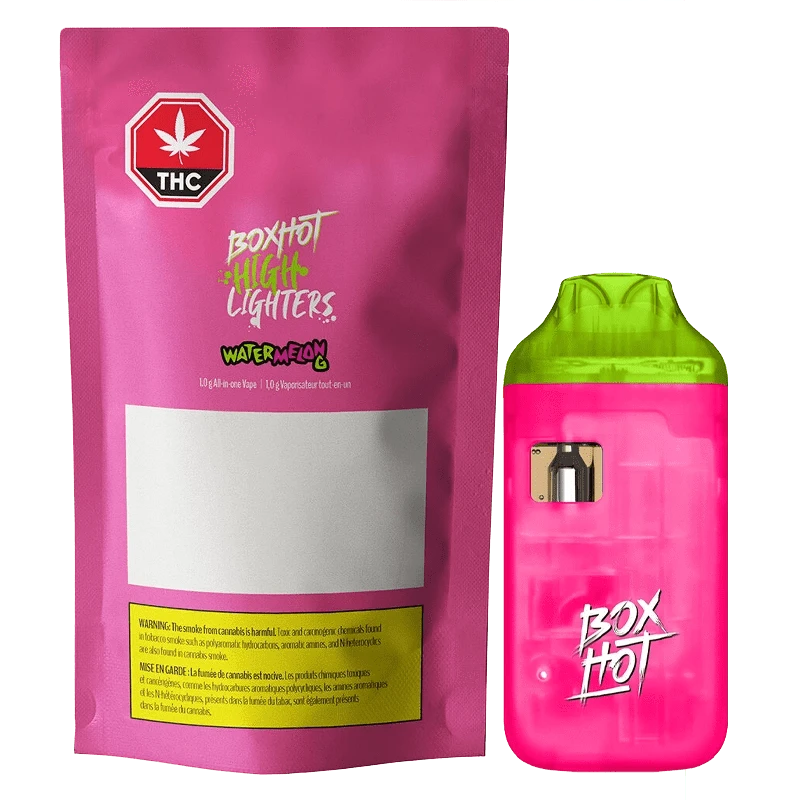 Front view of the Highlighters - Watermelon G AIO Disposable Vape with vibrant pink and green branding, angled slightly against a dark background.