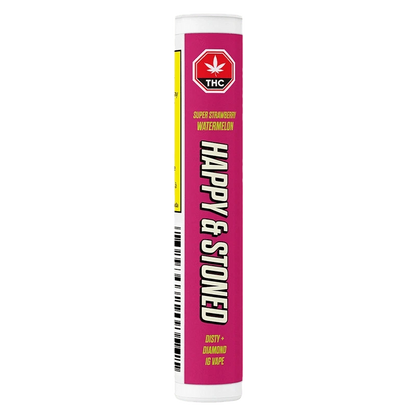 Front view of the Super Strawberry Watermelon Disty + Diamond Vape Cartridge, showcasing its cylindrical shape against a plain white background.
