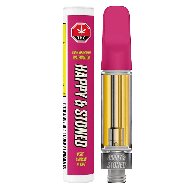 A close-up, angled view of the Super Strawberry Watermelon Disty + Diamond Vape Cartridge, showcasing its sleek design against a plain background.