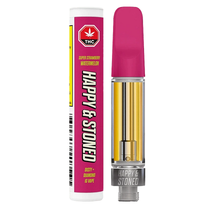 A close-up, angled view of the Super Strawberry Watermelon Disty + Diamond Vape Cartridge, showcasing its sleek design against a plain background.