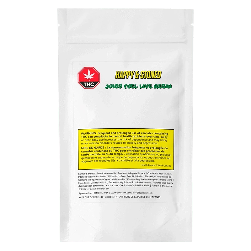 Front view of the Juicy Fuel Live Resin Disposable Vape against a dark background with bold text and cannabis leaf graphics.