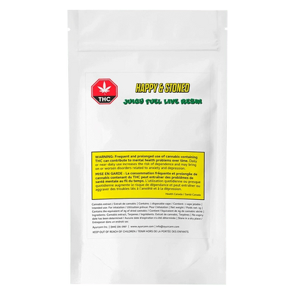 Front view of the Juicy Fuel Live Resin Disposable Vape against a dark background with bold text and cannabis leaf graphics.