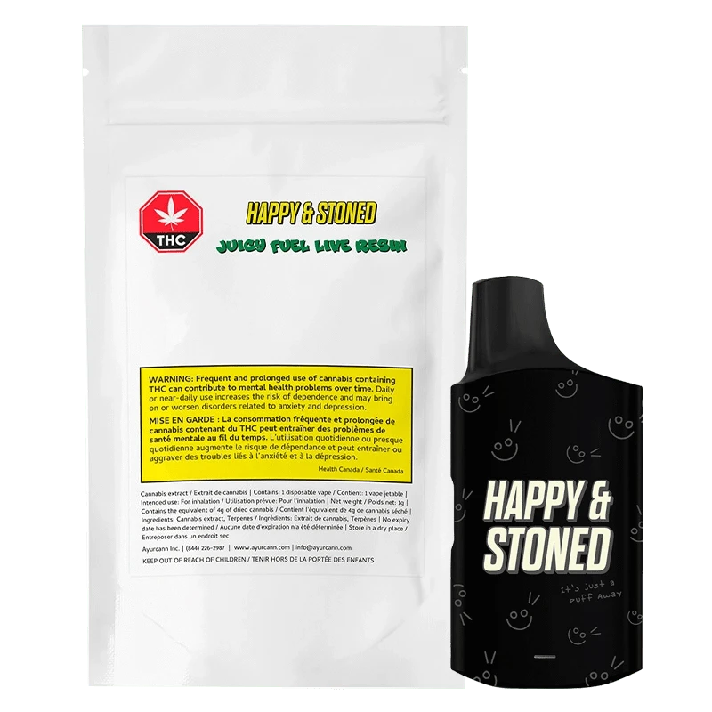 A close-up, angled shot of the Juicy Fuel Live Resin Disposable Vape against a black backdrop with warning text.