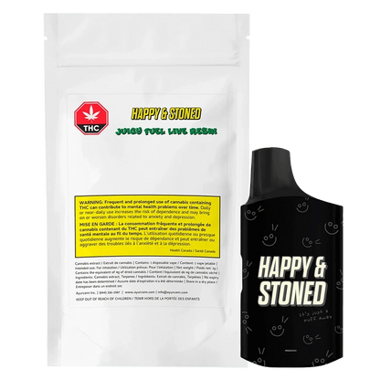 A close-up, angled shot of the Juicy Fuel Live Resin Disposable Vape against a black backdrop with warning text.