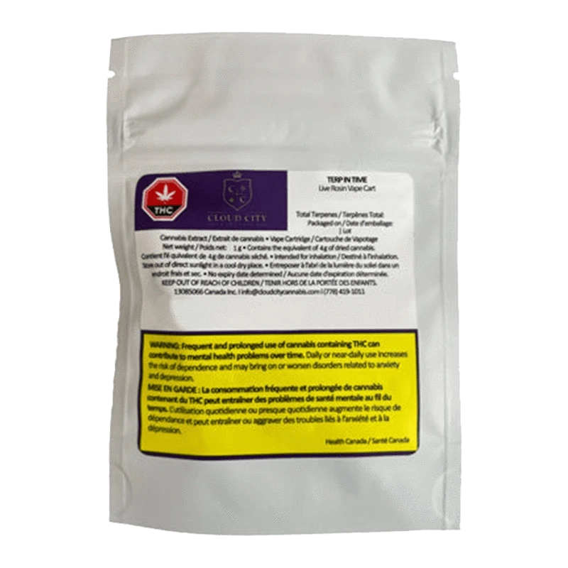 Front view of the Terp In Time Live Rosin Vape Cartridge packaging with warning text in French, set against a white background.