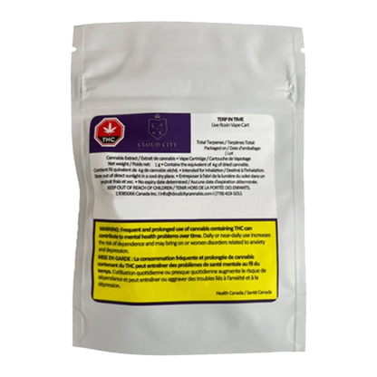 Front view of the Terp In Time Live Rosin Vape Cartridge packaging with warning text in French, set against a white background.