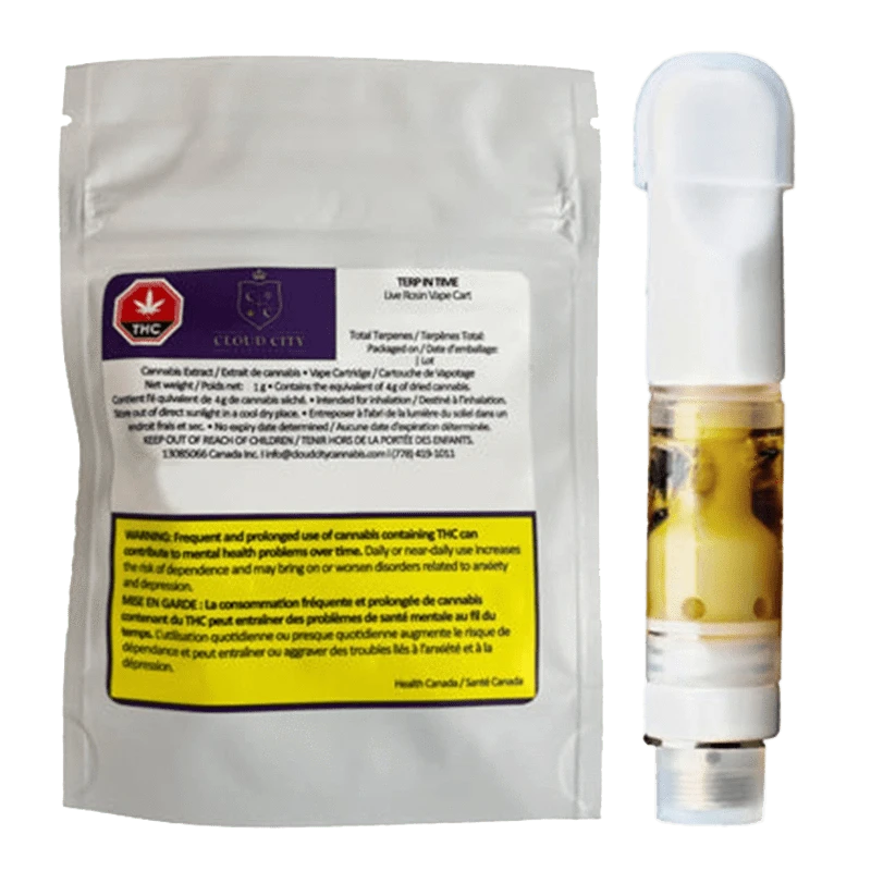 Close-up of the Terp In Time Live Rosin Vape Cartridge against a black background, displaying branding and text details.