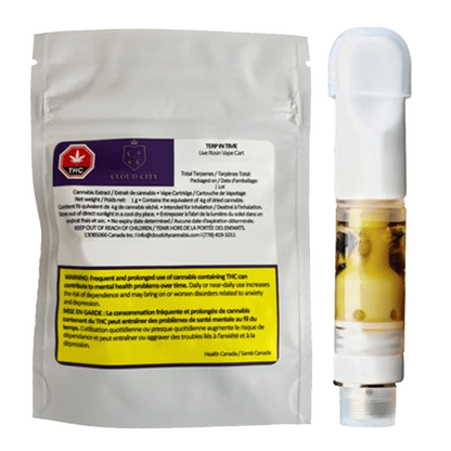 Close-up of the Terp In Time Live Rosin Vape Cartridge against a black background, displaying branding and text details.