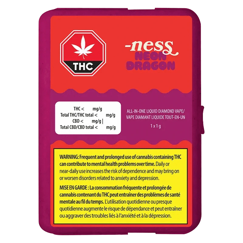 Close-up of the Neon Dragon Liquid Diamonds AIO Disposable Vape against a dark backdrop, showing warning text about potential health risks.