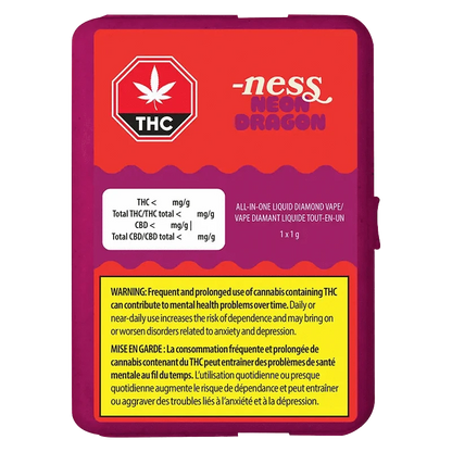 Close-up of the Neon Dragon Liquid Diamonds AIO Disposable Vape against a dark backdrop, showing warning text about potential health risks.