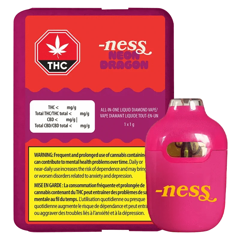 Front view of the Neon Dragon Liquid Diamonds AIO Disposable Vape packaging against a dark background, displaying a red warning label.