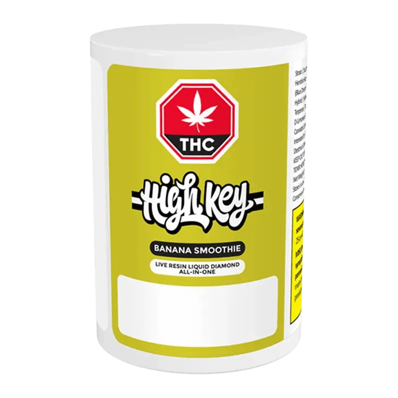 Front view of the Banana Smoothie Live Resin Liquid Diamond Disposable Vape with a white label and metallic accent.