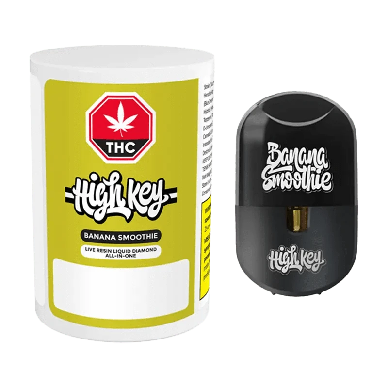 Front view of the Banana Smoothie Live Resin Liquid Diamond Disposable Vape, highlighting its sleek, metallic design against a dark backdrop.