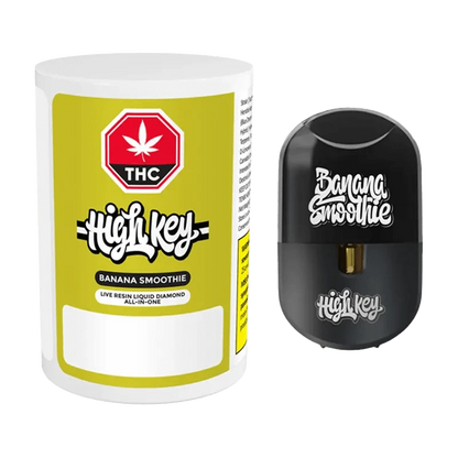 Front view of the Banana Smoothie Live Resin Liquid Diamond Disposable Vape, highlighting its sleek, metallic design against a dark backdrop.