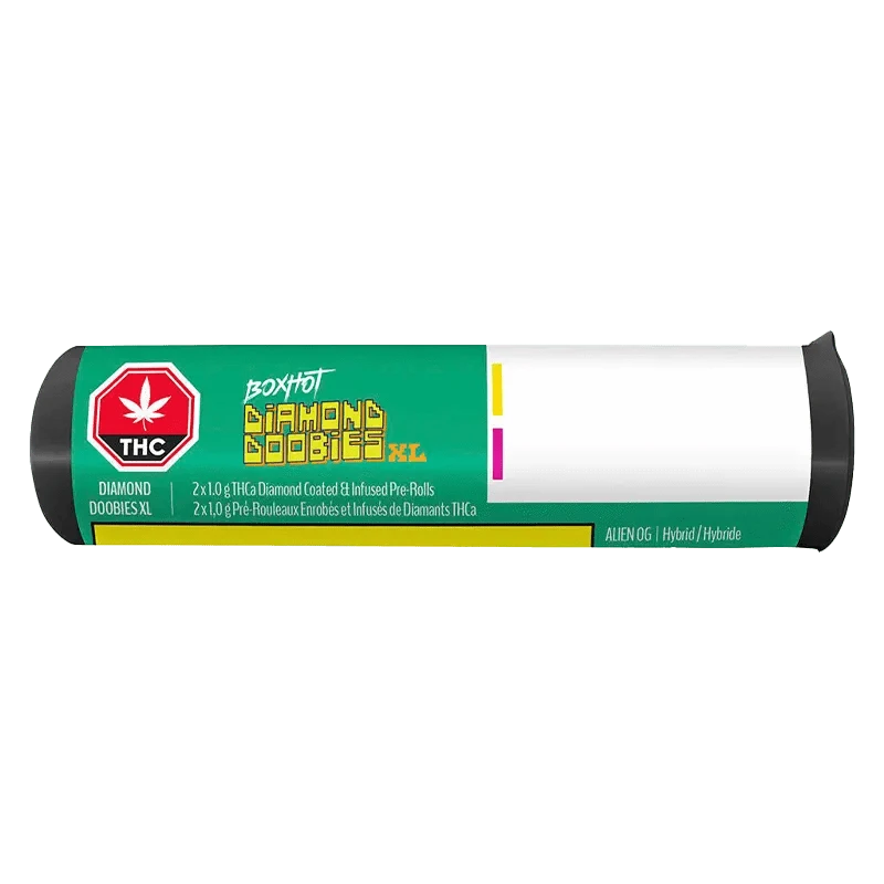 Front view of the Alien OG + Peach OG THCa Coated Infused Pre Rolled 2 x 1 g product packaging, featuring a vibrant green and gold design.
