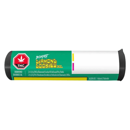 Front view of the Alien OG + Peach OG THCa Coated Infused Pre Rolled 2 x 1 g product packaging, featuring a vibrant green and gold design.