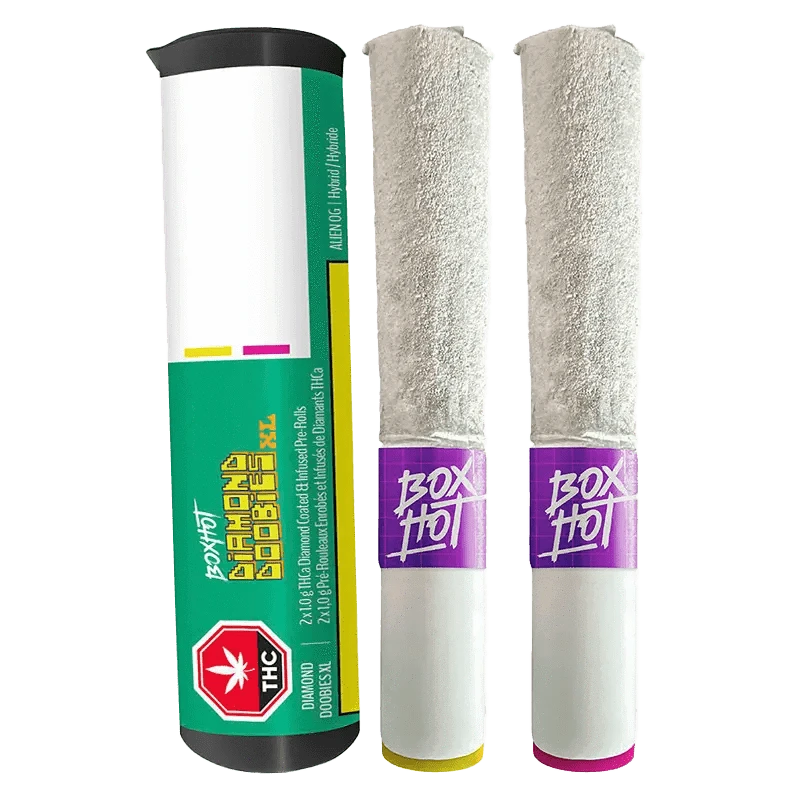 Front view of the Alien OG + Peach OG THCa Coated Infused PR, showing two 1g prerolls on a dark background with vibrant branding.