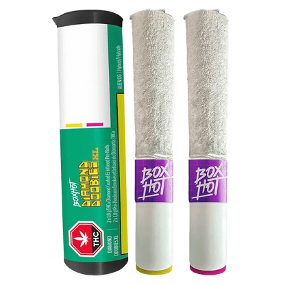 Front view of the Alien OG + Peach OG THCa Coated Infused PR, showing two 1g prerolls on a dark background with vibrant branding.