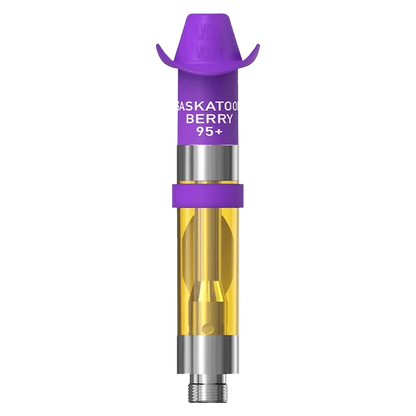 A close-up, studio shot of the 95+ Saskatoon Berry Liquid Diamonds Vape Cartridge, displaying its metallic and transparent construction.